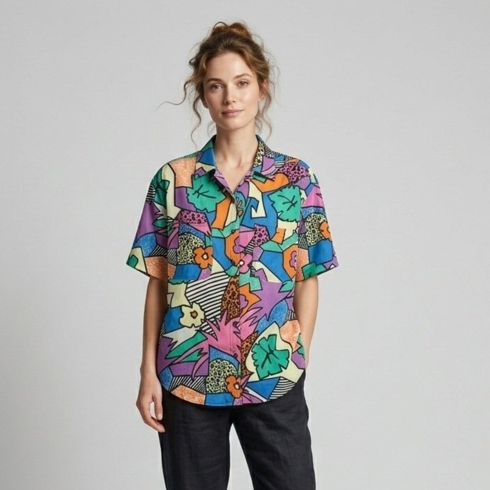 Verona Original Vintage 90s 100% Silk Abstract Geometric Short Sleeve Shirt S